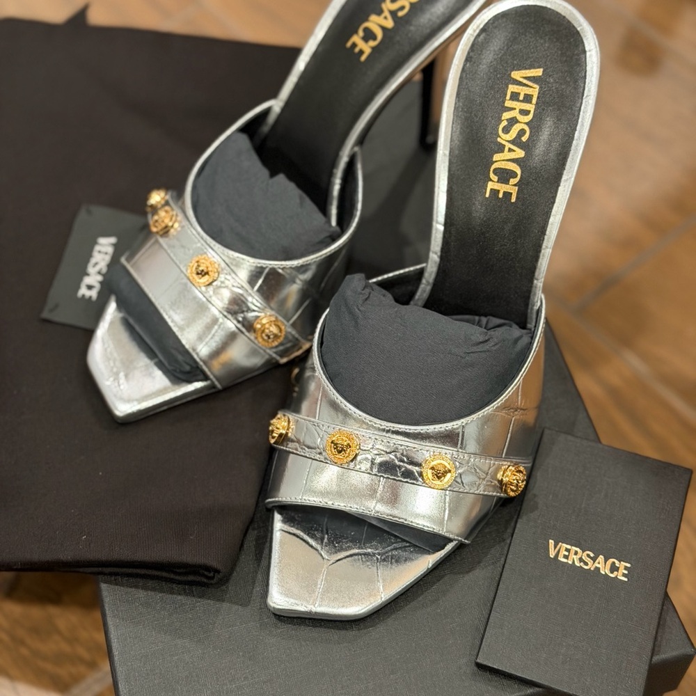 Versace Silver Metallic Leather High Heel Mules with Gold Medallions - Picture 6 of 13